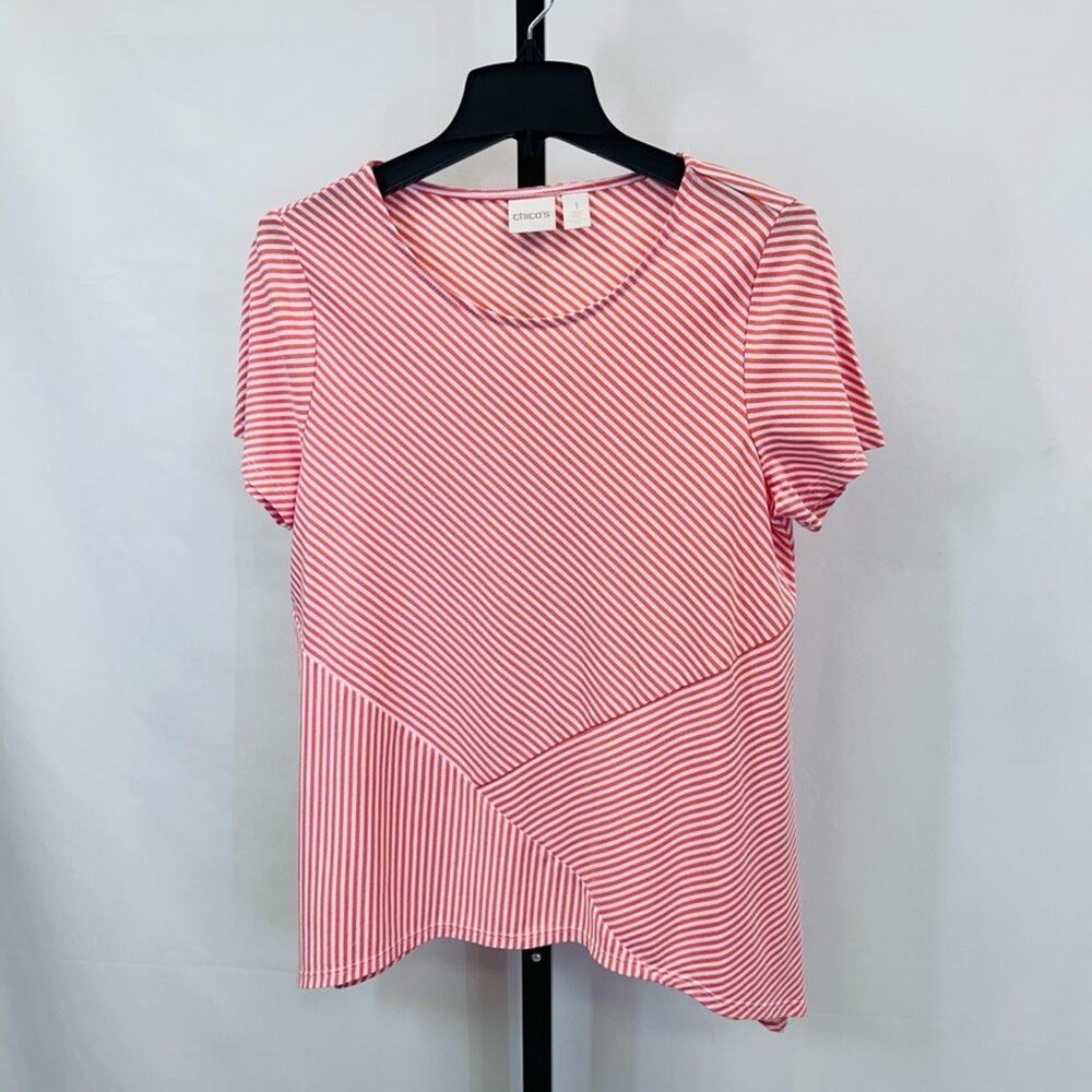 Chico's Women Size S (1) Short Sleeve Top T Shirt Red Diagonal Stripe